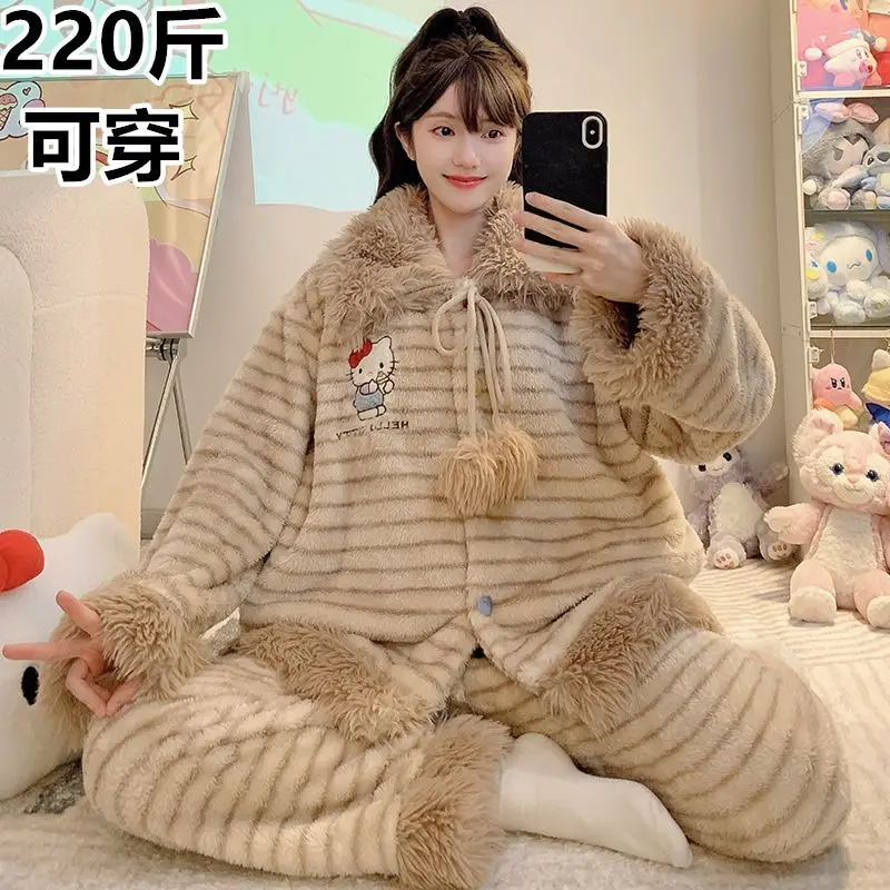 Sanrio menina casa wear microvilli olá kitty kawaii dos desenhos animados estudante casual outono e inverno em torno do pescoço loungewear conjunto novo estilo