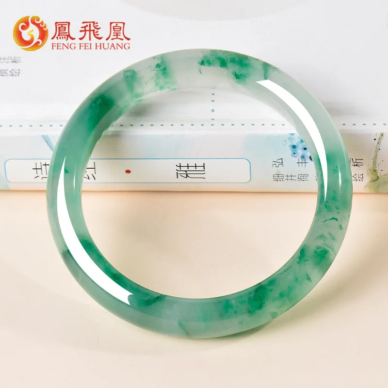 Fengfeihong Yunnan Natural Dulong Jade Bracelet, High Translucency with Flower Pattern, A Unique Gift for Mom, One-of-a-Kind