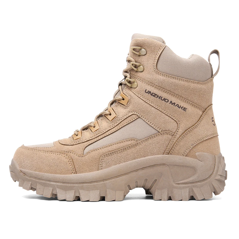Men High Top Tactical Combat Boot Side Zipper Oxford Cloth Suede Anti Slip TPR Sole Outdoor Hiking Training Boot School Supplies