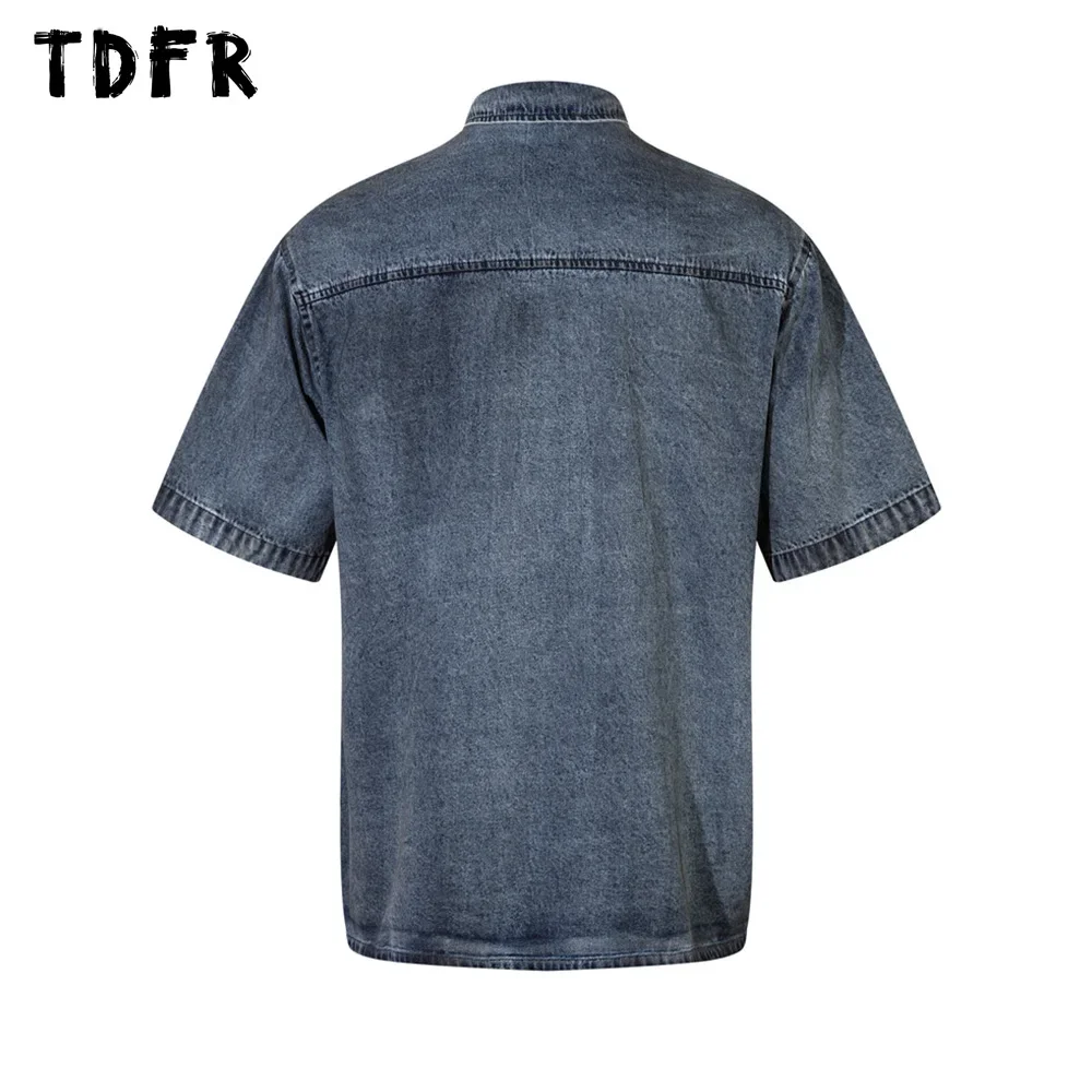 Spliced Denim Short Sleeve Shirts Mens Washed Distressed Lapel Single Breasted Half-Sleeve Jeans Shirts Men