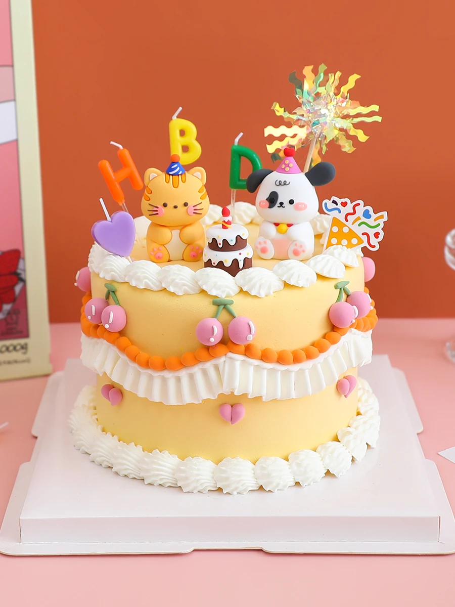 Kids Birthday Cake Topper Home Ornament Cartoon Cake Decoration Happy Birthday Party Kitten Puppy Bear Bunny Soft Rubber Doll