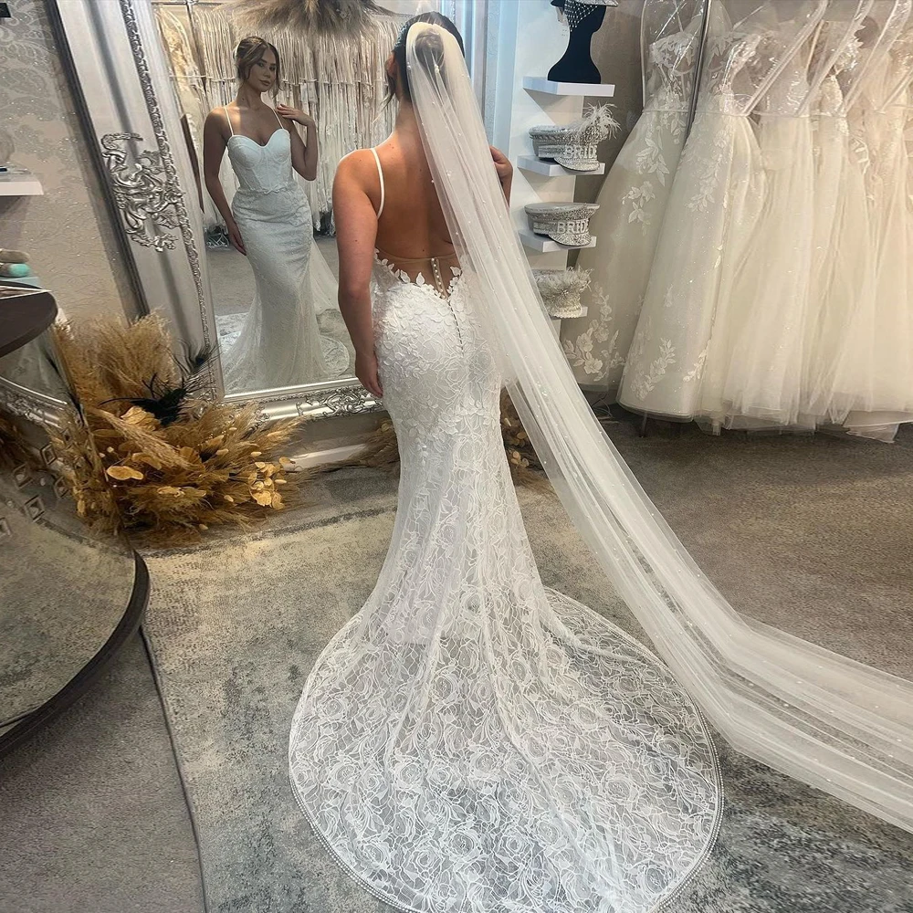 

Backless Sexy Wedding Dress Mermaid Cut Spaghetti Straps Lace Appliques Boho Bride Dresses Rustic Bridal Gowns Robe de Mariee