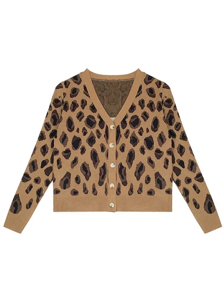 Women\'s Spring Autumn Cardigans Korean V-neck Cardigan Top Leopard Loose Slim Long Sleeve All-match Sweaters Female Tops PL437