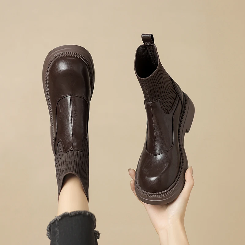 2026 new autumn winter women ankle boots 22-26.5cm microfiber+kniting+microfiber/plush round toe high heel women short boots