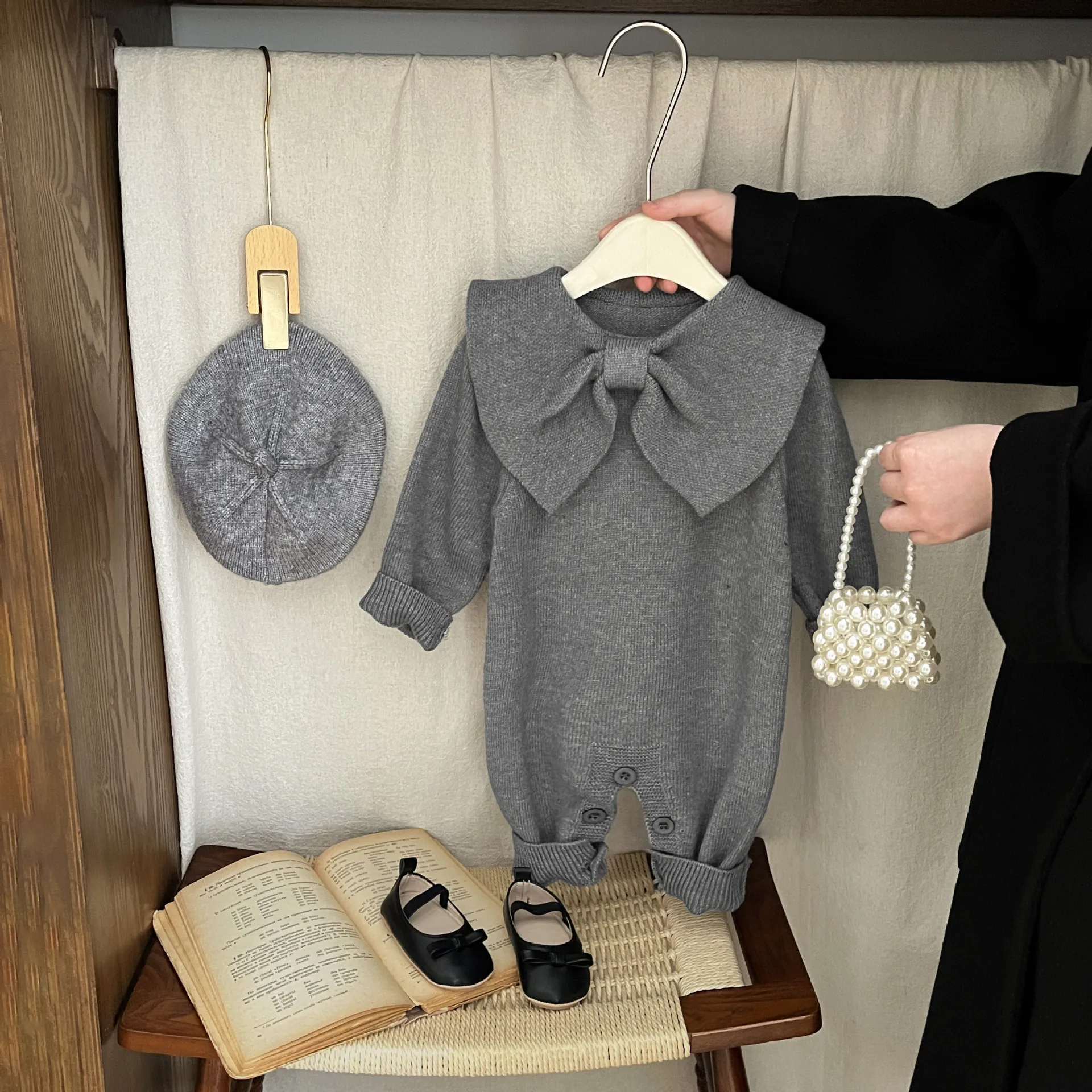 

Rompers Preppy Style Jumpsuit Bowknot Knitted Romper Baby Autumn Korean Fashionable Solid Casual Sweet Cute Comfortable