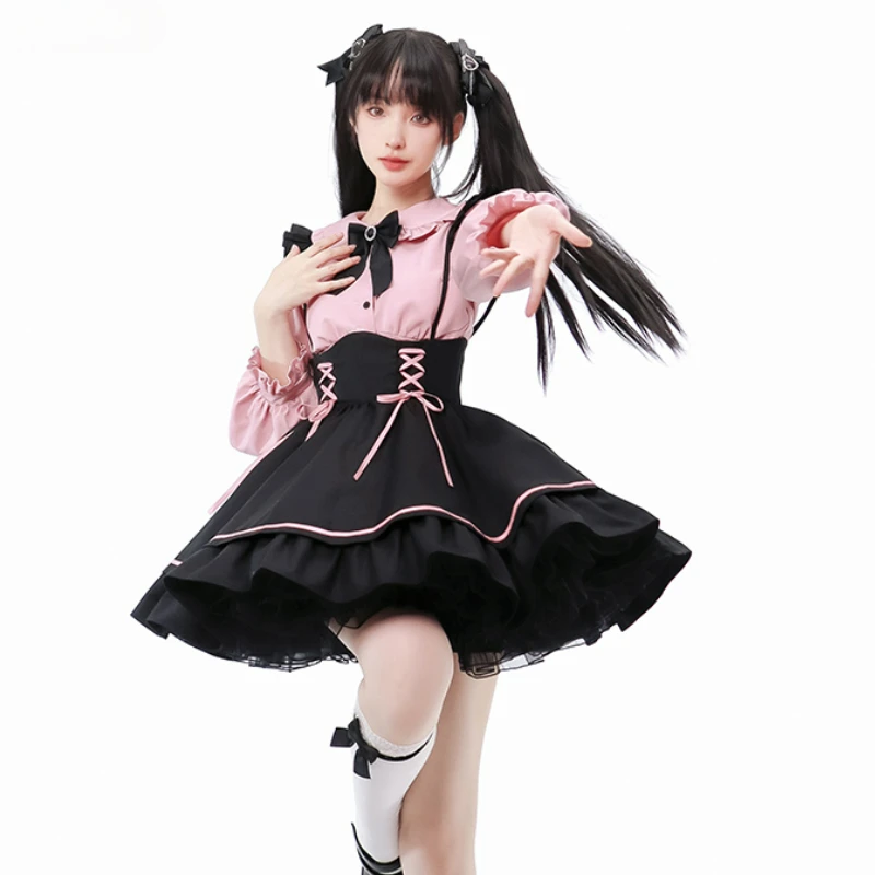 Gothic Style Lolita JK Skirt Set Women Kawii Peter Pan Collar Bow Blouse Slim Bandage Suspender Skirt Female Japanese Sweet Suit