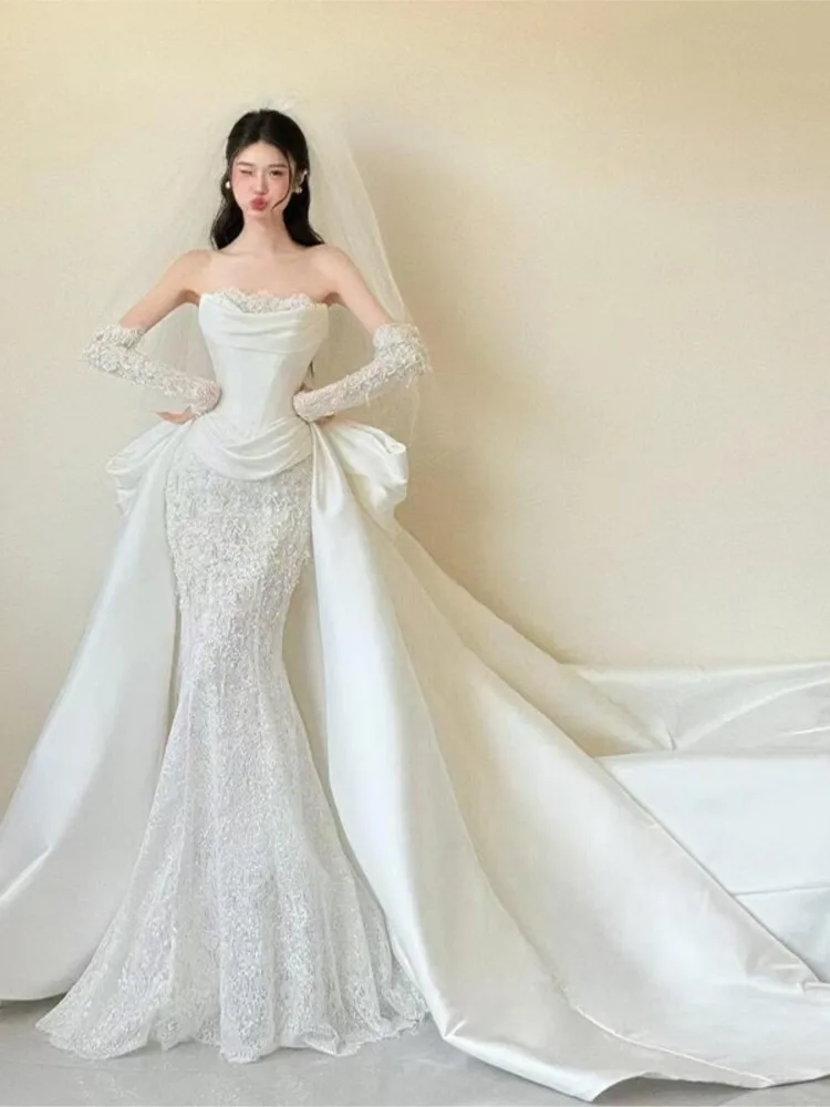 Fishtail light new style lace morning dress to welcome guests and go out gauze