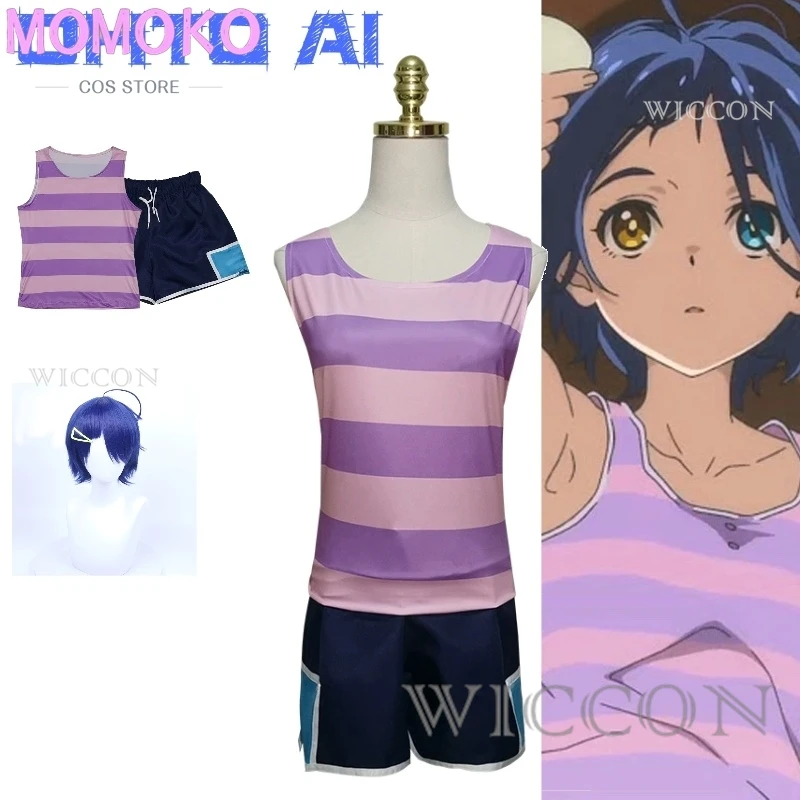 

WONDER EGG PRIORITY Ohto Ai Wearing With Purple And Pink Striped Suspenders And The Denim Shorts Cosplay Costume Anime Full Suit