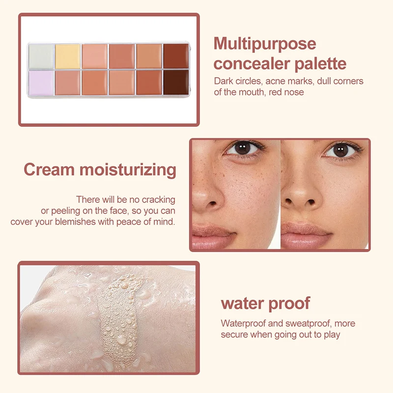 คอนซีลเลอร์มืออาชีพ 12 สี พาเลทปกปิดสิว รอยคล้ำใต้ตา กันน้ำ ชุ่มชื้น ติดทนนาน รองพื้นคอนทัวร์หน้า เครื่องสำอาง