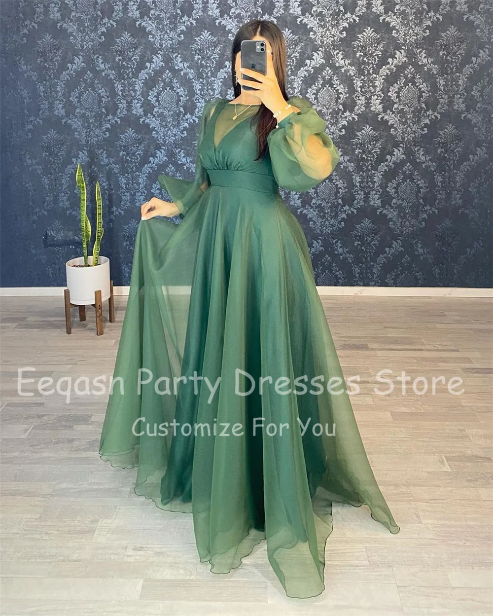 Eeqasn Simple A Line Saudi Arabia Prom Dresses Organza Long Puff Sleeves Women's Evening Party Gown Dubai Formal Prom Gowns 2022