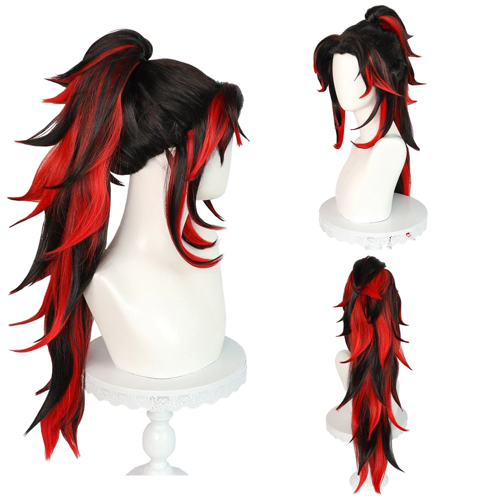 أنيمي شيطان Yoriichi Tsugikuni تأثيري الشعر الاصطناعية 30 بوصة الأسود والأحمر التدرج ، مناسبة اليومية حزب الباروكات مقاومة للحرارة