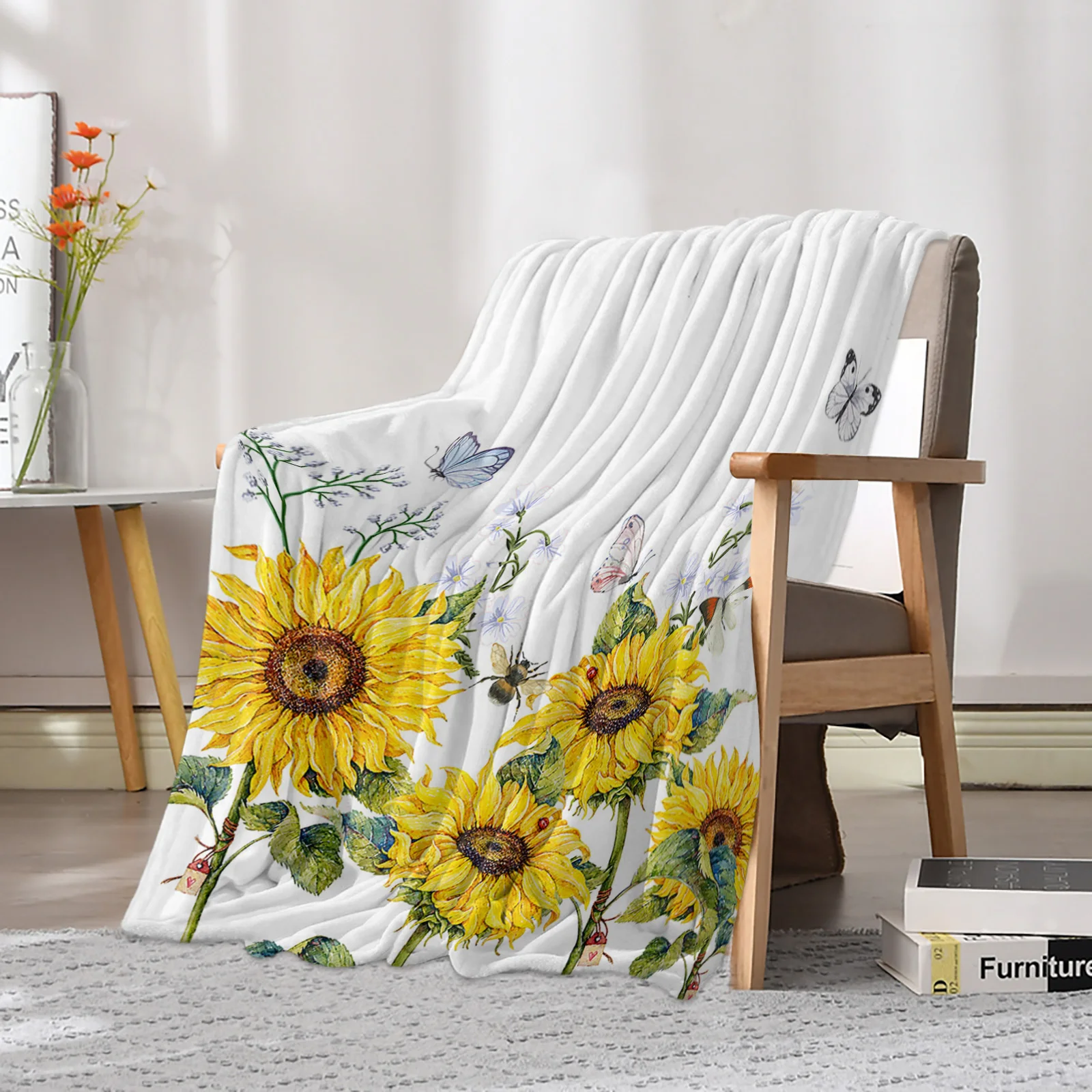 해바라기 꽃 나비 꿀벌 화이트 프린트 던지기 담요, 플란넬 플리스 담요, 소파 침대 침실 침대보 던지기