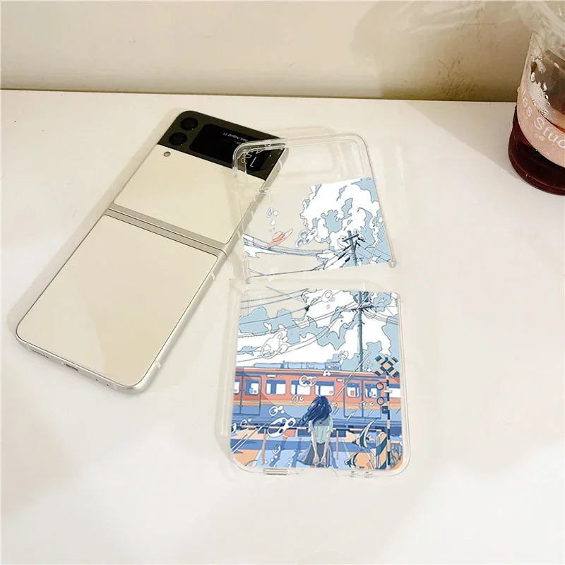 Retro Cartoon Landscape Oil Painting Phone Cases for Samsung Galaxy Z Flip 5 ZFlip 6 Clear Cover for Samsung ZFlip 4 3 Fundas