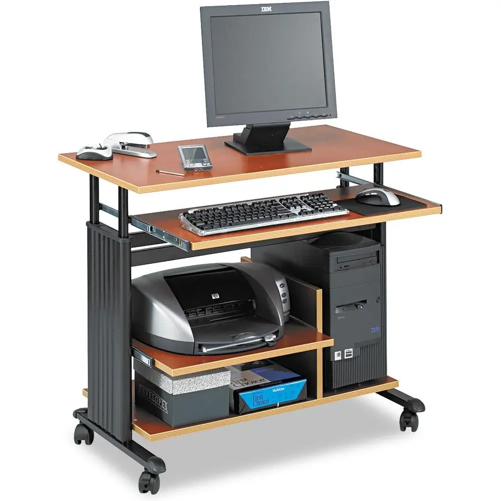 

Adjustable-Height Rolling Desk with Storage, Keyboard Tray, Cable Management, Locking Caster Wheels, Cherry Finish