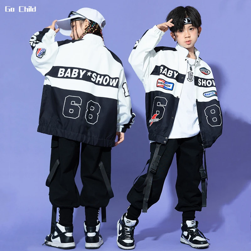 Boys Hip Hop Motorcycle Jacket Zippers Cargo Pants Girls Street Dance Joggers Clothes Sets Kids Streetwear Child Jazz Costumes