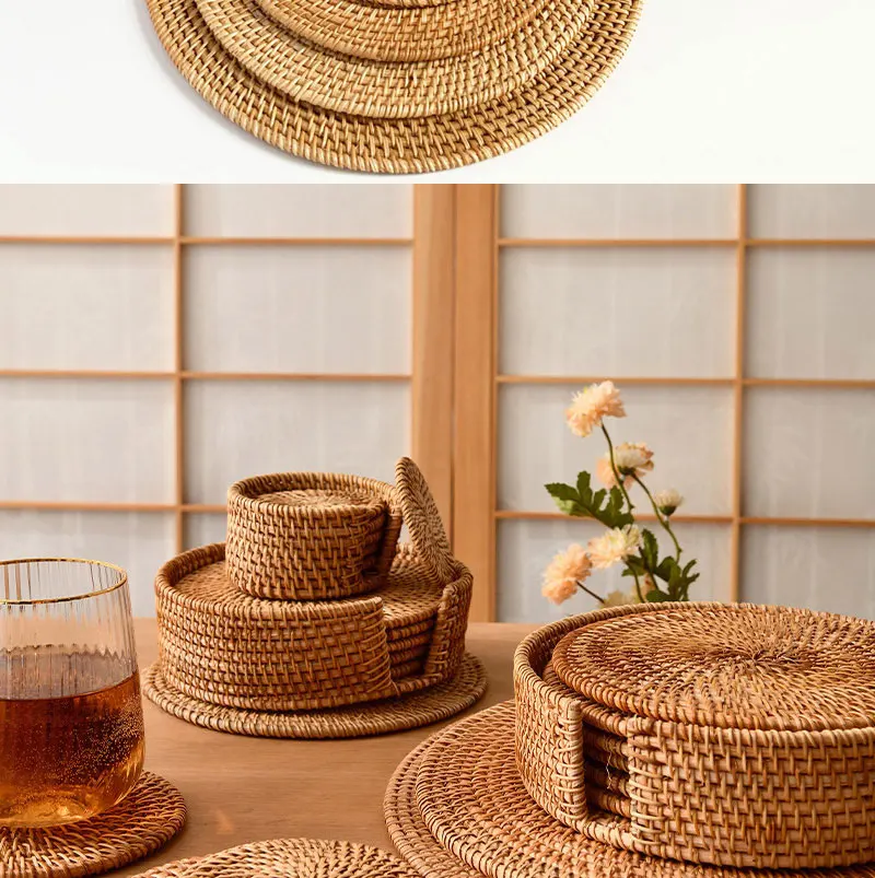 Herbstliches handgewebtes Rattan-Untersetzer-Set: Kreative runde Tassen- und Schalenunterlagen für Esszimmer und Tee – Isoliermatten aus Rattan – Detail 3