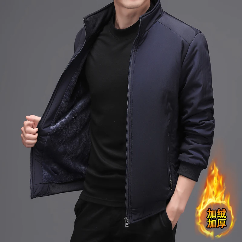 

Mens Solid Color Zipper Cold-proof Outdoor Parkas Winter Velvet Thickened Stand Collar Jacket New Business Casual Warm Coat