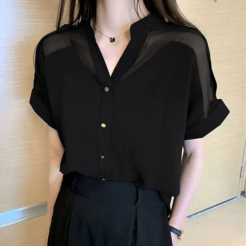 Casual Solid Color Commute Shirt Female Clothing Sheer Spliced Summer Fashion Single-breasted Elegant V-Neck Chiffon Blouse 2023