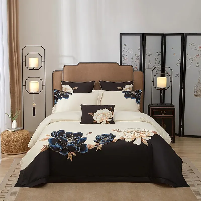 

600TC Egyptian Cotton Oriental Classical Embroidery Black Patchwork Duvet cover 4/7Pcs Bedding set Flat/Fitted sheet Pillowcases