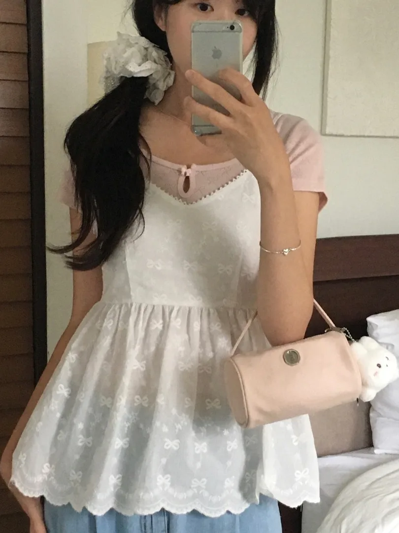 

Cute Embroidered Layered Tank Top Women's Faion Summer Bal Design Chic Age-Defng Strap Vest Sli Summer Wear