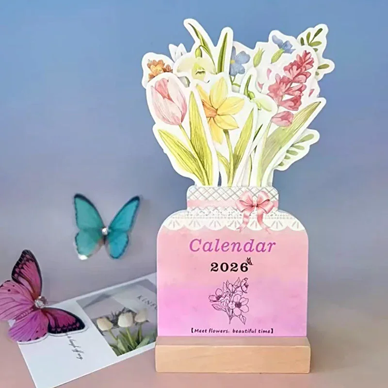 

2026 Bloomy Flowers Desk Calendar Mini Calendar Standing Desk Calendar Vase-Like Desktop Monthly Planner For Home School Office