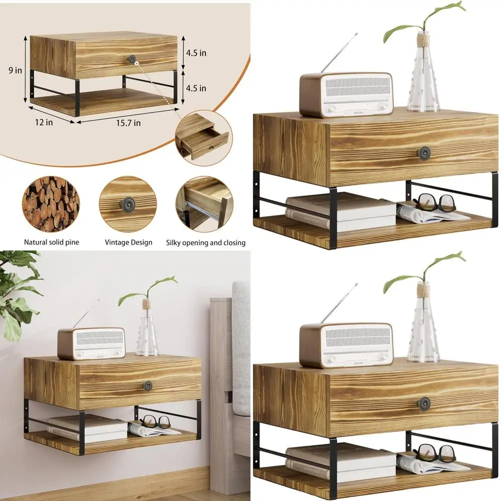 Mesita de noche flotante de pino natural con cajón, montada en la pared para espacios compactos, mesita de noche de fácil montaje