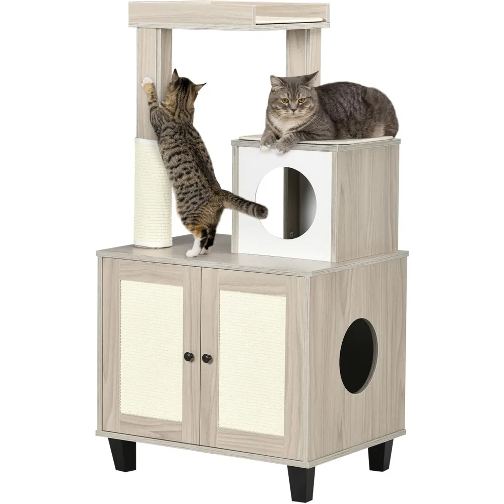 

LUCK Cat Litter Box Enclosure Furniture With Cat Tree, Hidden Litter Box With Scratching Post, Bed, Modern Cat House In