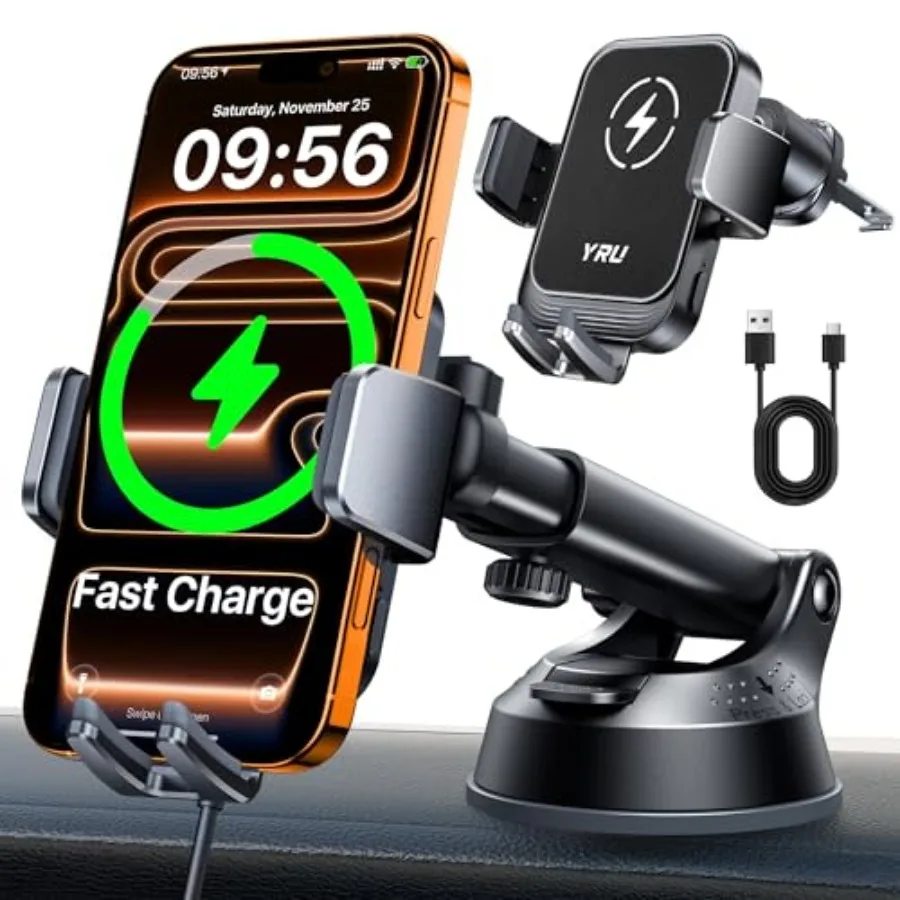 

[True Military-Grade] Wireless Car Charger Mount 15W Charging Auto Clamping Car Phone Holder [98+LBS Strong] Dashboard Windshie