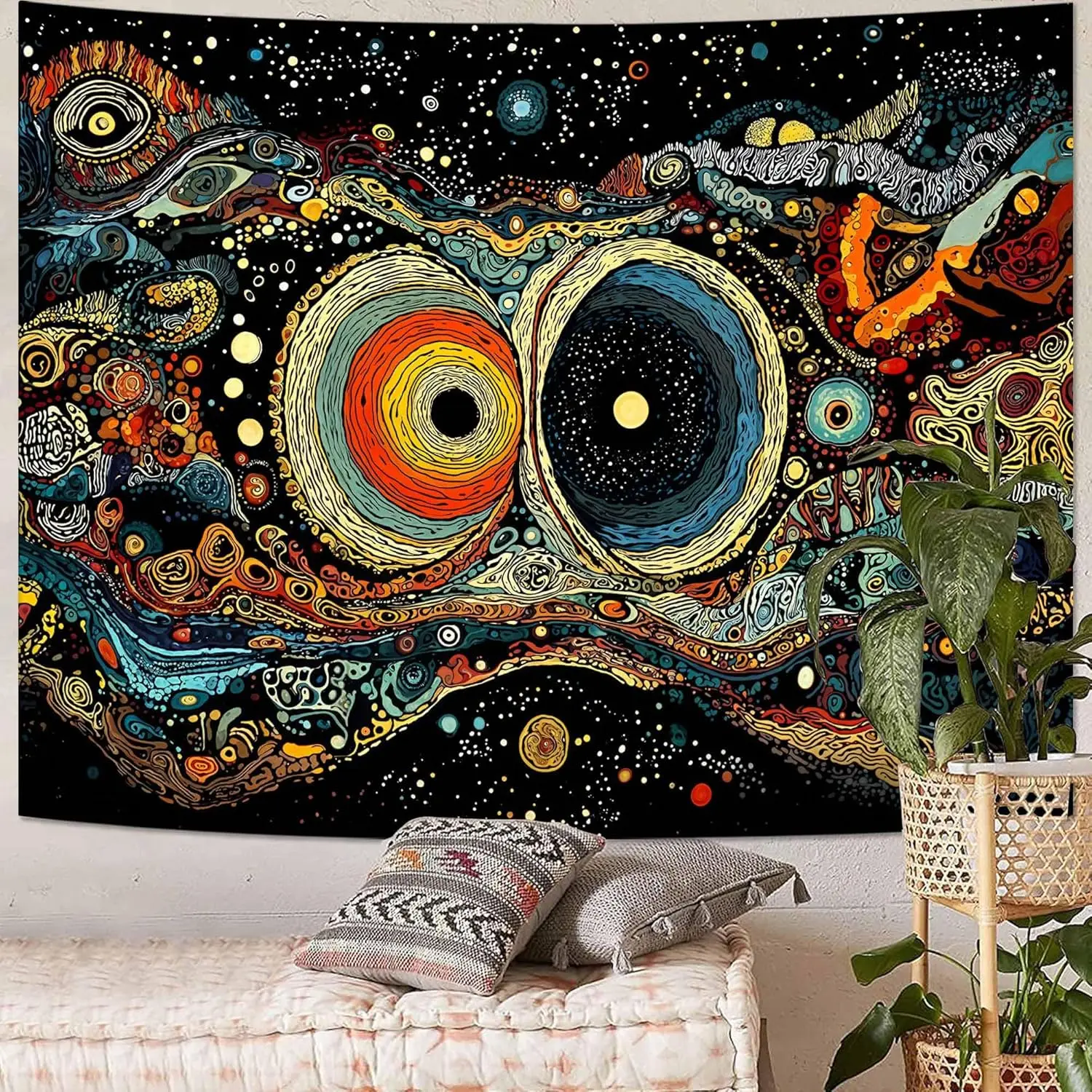 Botanical Sun Moon Tapestry, Vintage Art Nouveau Style with Floral Frames and Celestial Symbols Print Wall Hanging for Cozy Home