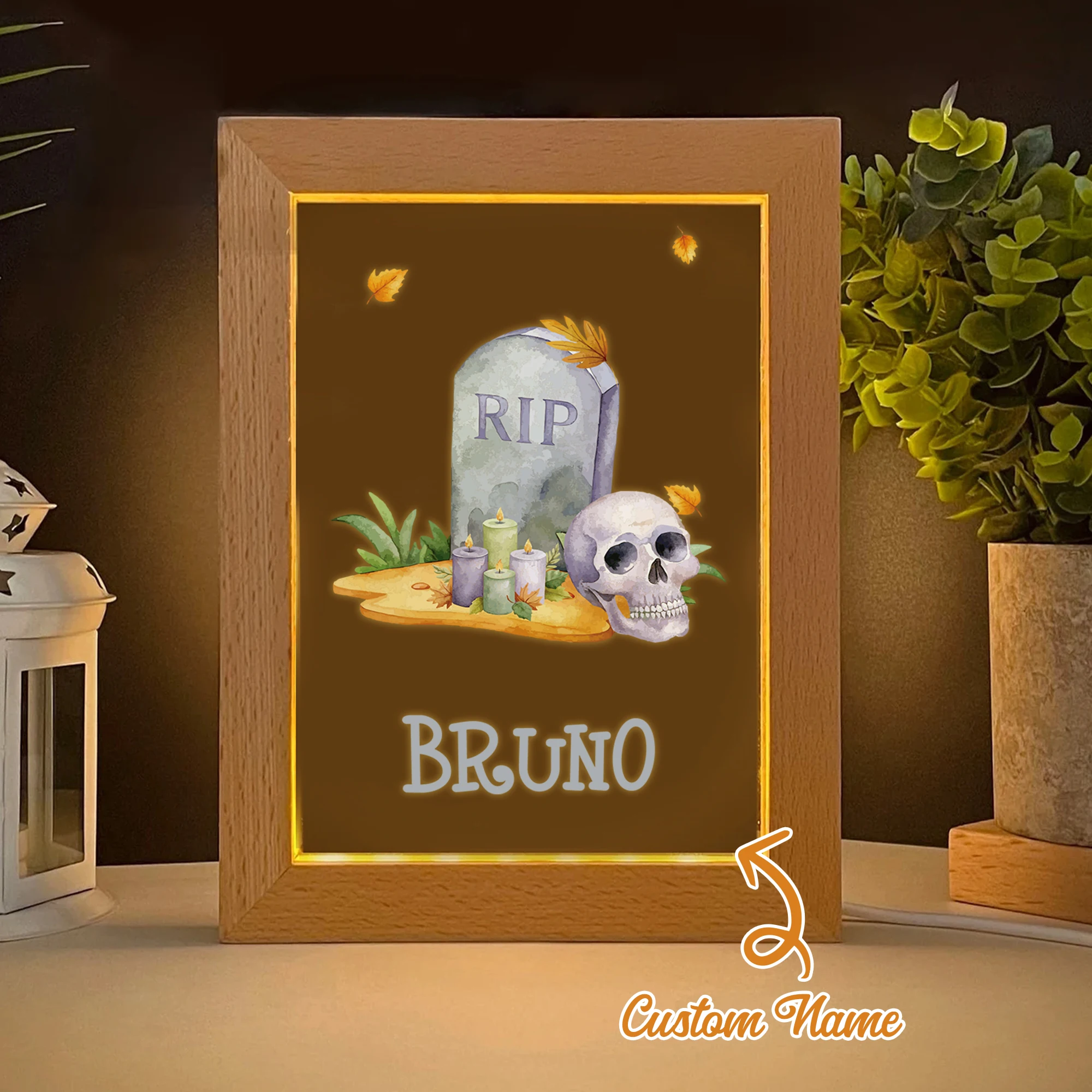 

2D Flat Custom Name Horror Skull LED Acrylic Night Light Wood Photo Frame 21x17cm Halloween Bedroom Gifts Home Decoration