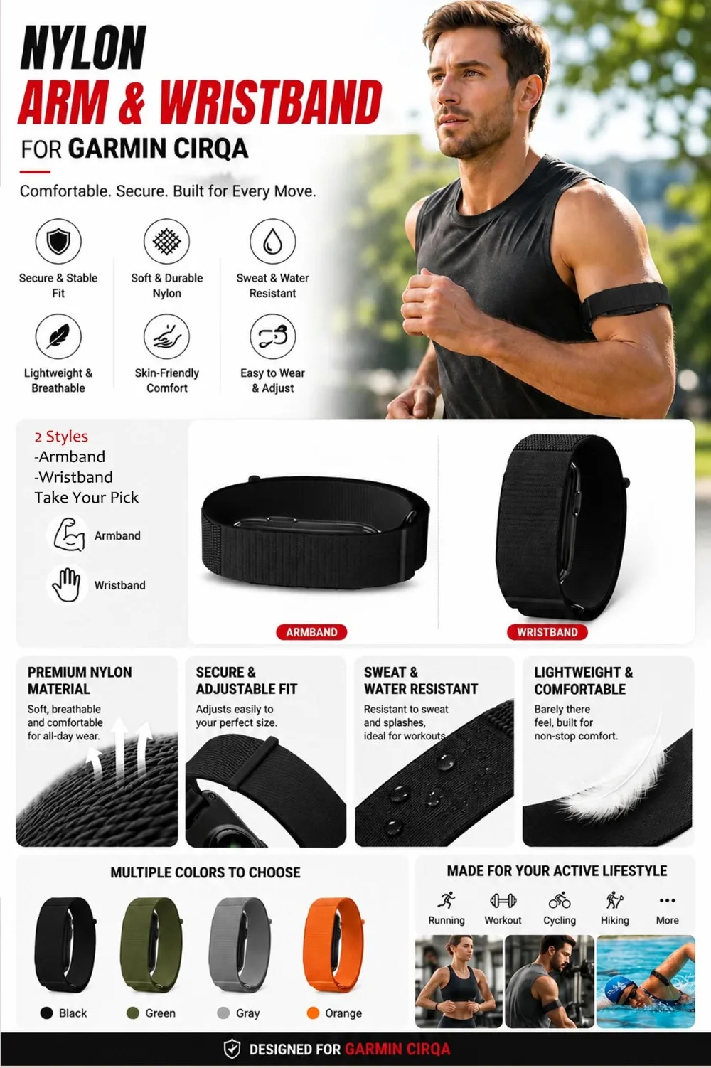 Nylon-Bizepsband für Garmin Cirqa Smart Band Armband, Verstellbares Ersatz-Armband/Handgelenksband, leicht für Cirqa Garmin Armband – Detail 7