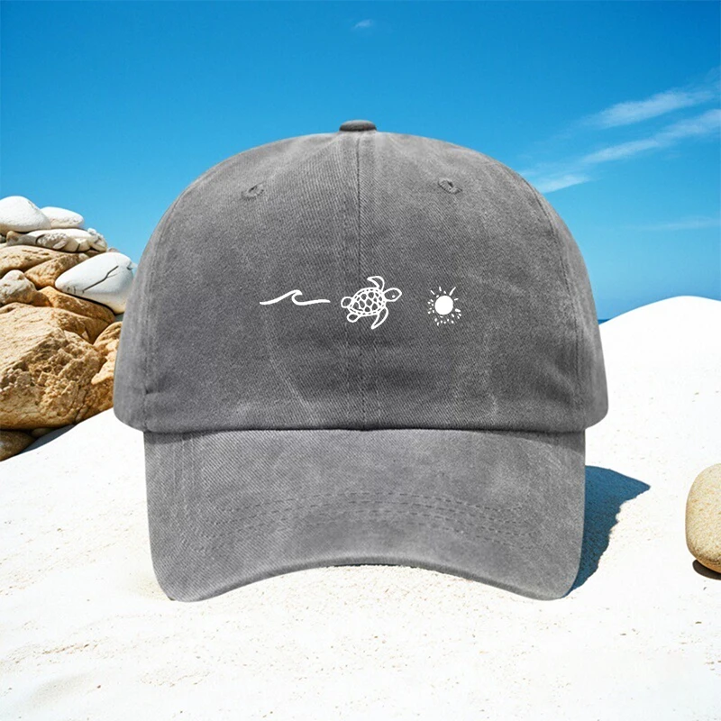 Summer New Trendy Unisex Sun Hat with Wave and Sea Turtle Print, Breathable Adjustable Baseball Cap for Outdoor Sports & Casual