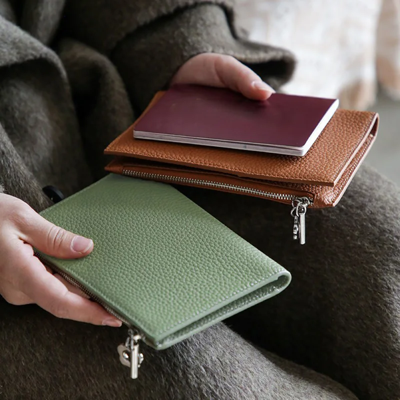 Vintage Grain PU Bi-fold Passport Holder, Unisex Multi-card Wallet, Zipper Coin Purse, Portable Travel Document Pouch