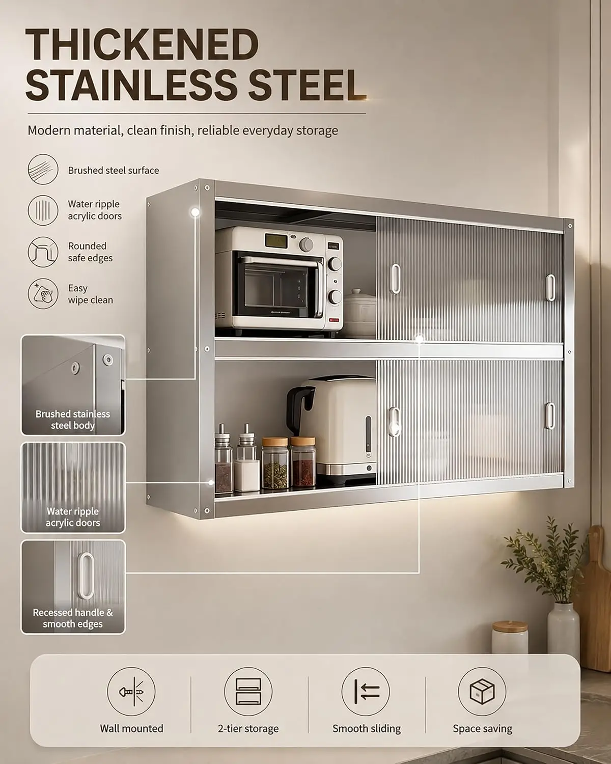 Stainless Steel Wall Cabinet, Kitchen Storage Hanging Cupboard with Acrylic Sliding Door - Space Saving Pantry & Tea Bar Organiz