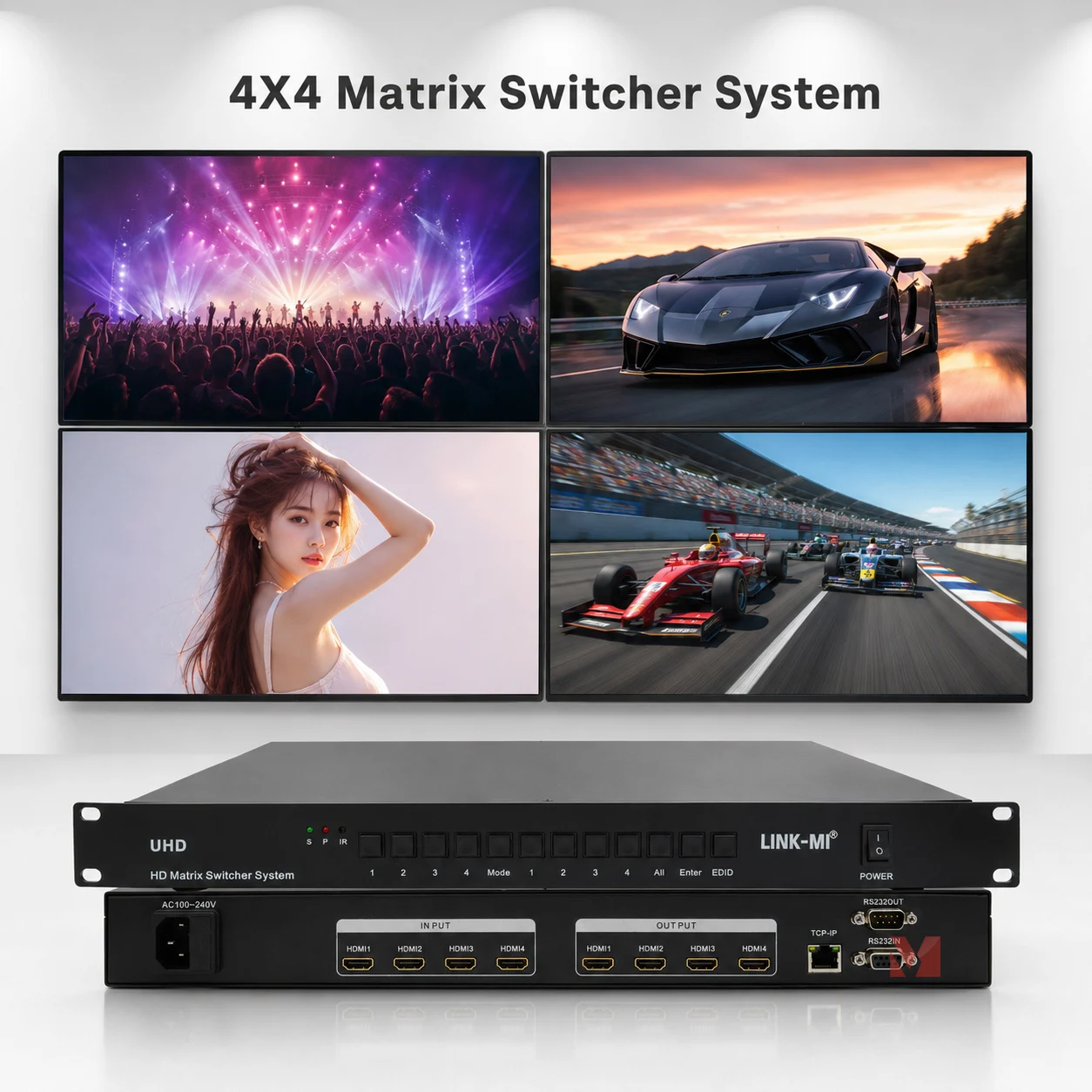 4x4 HDMI Matrix Switch 4K30Hz HDMI Matrix Switcher HDCP 1.4 DVI Compatible EDID RS232 Video Splitter Switch