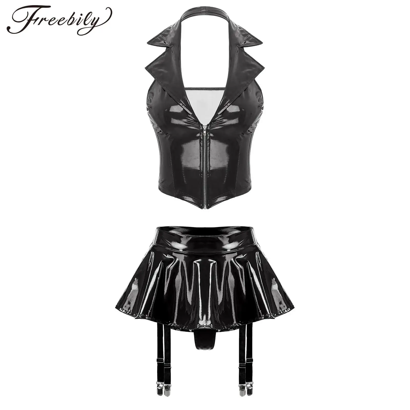 

Women Wet Look Patent Leather Costume Set Deep V Vest with G-string Miniskirt Garter Clips Nightwear Pole Dancing Show Clubwear