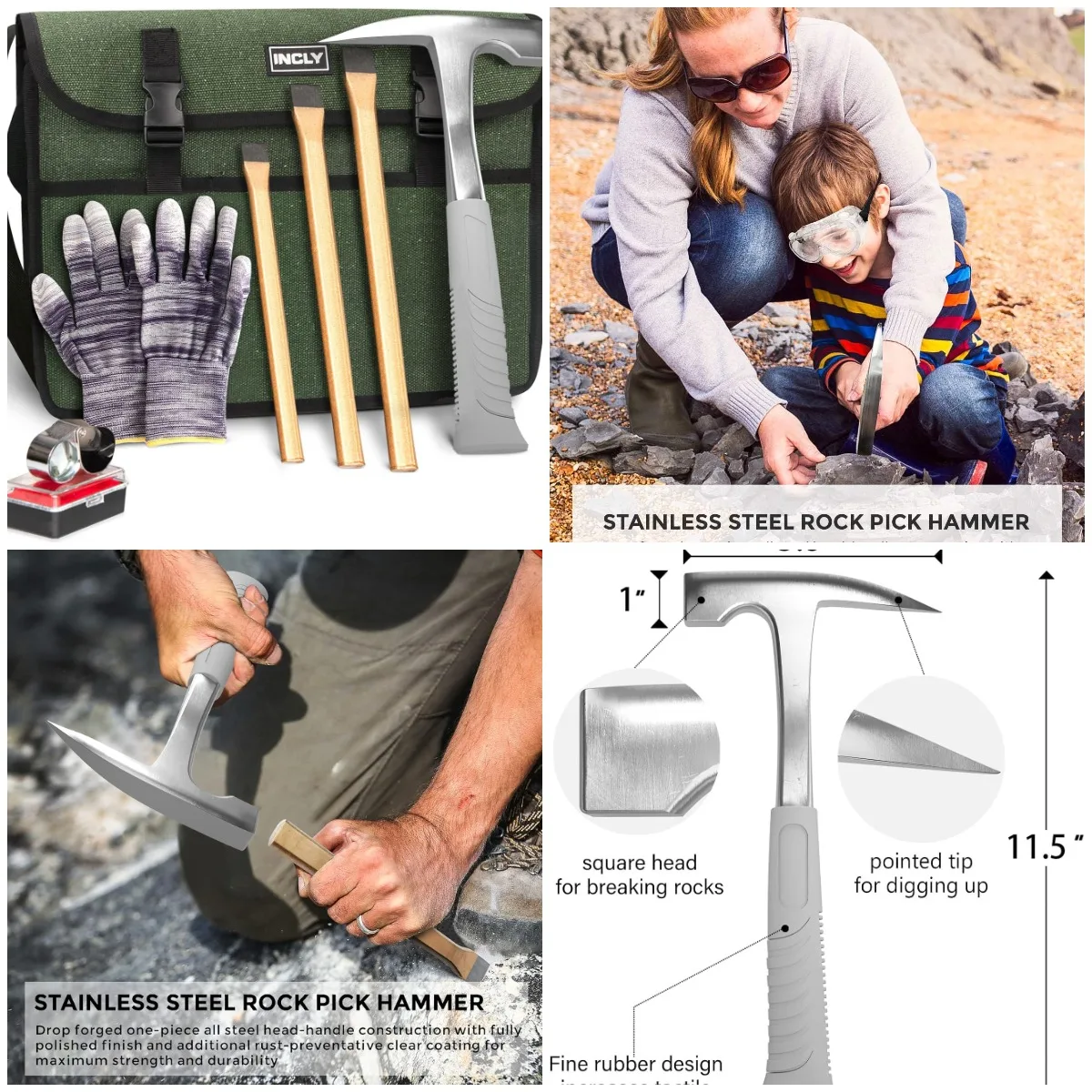 

Набор из 7 шт. молотка с молотком на 22 унции, 3 долота, мусетной сумкой, лупой, перчатками для уборки и поразведки камней