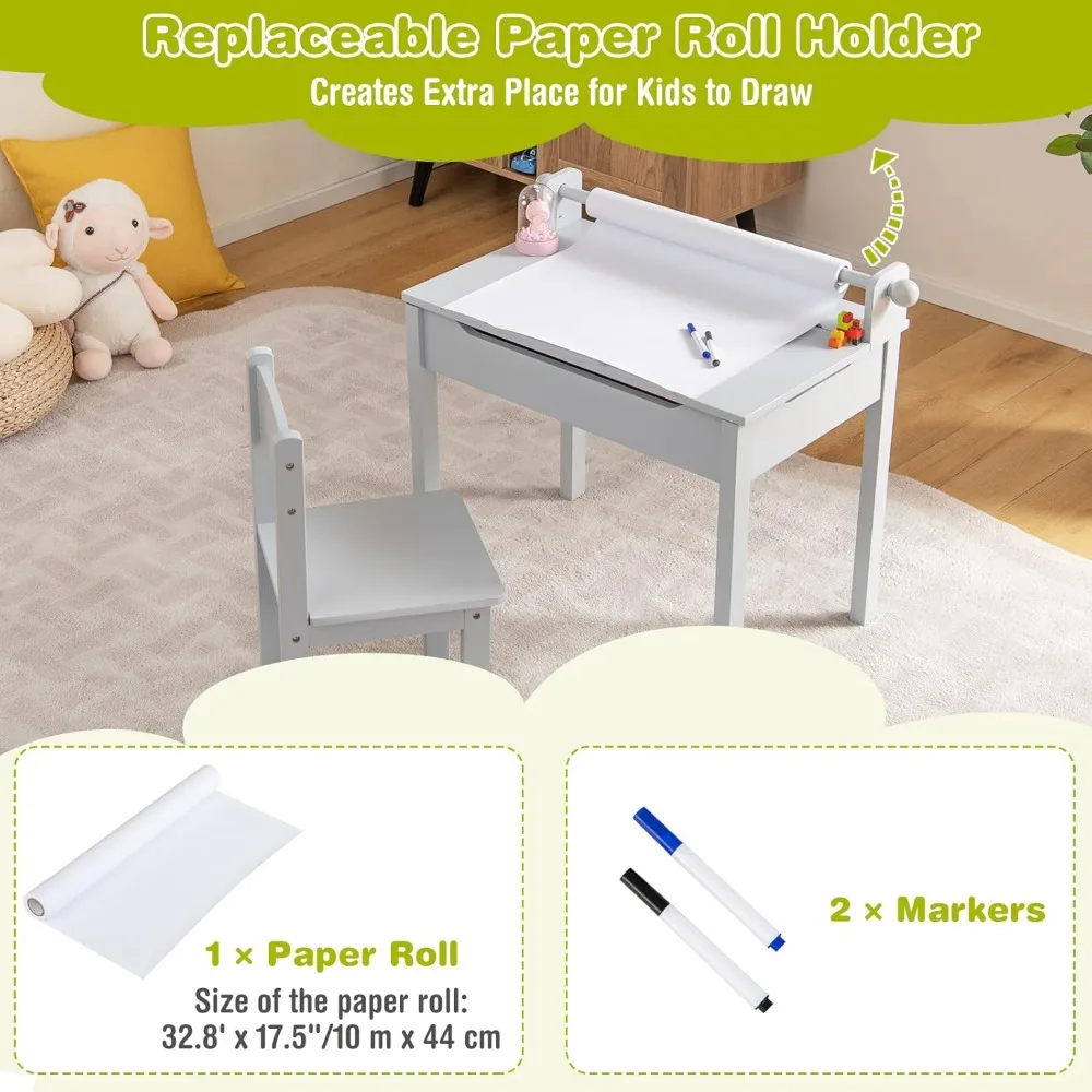 Juego de mesa y silla para niños, escritorio y silla con elevador de madera con almacenamiento, portarrollos de papel y ranura para bolígrafo