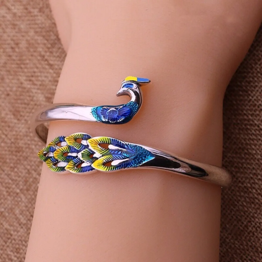 Hollow Peacock Opening Bracelet Vintage Enamel Chinese Style Bangle Traditional Hand Jewelry Ethnic Style Bracelet