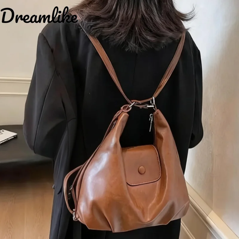 

Vintage PU Leather Shoulder Bag For Women Lightweight Large Capacity Handbag Commute Shopping Backpack Purse