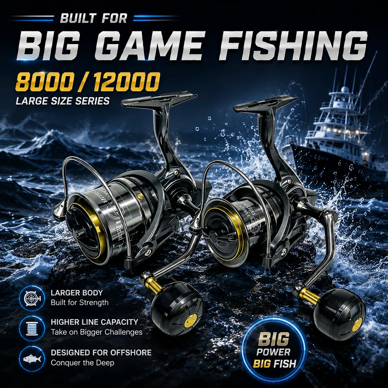 MBLN Marke, 8000/12000 Serie, Großformatige Salzwasser-Surfcasting-Rolle, Leistungsstarke 35kg Bremskraft, 8+1 Edelstahlkugellager – Detail 7