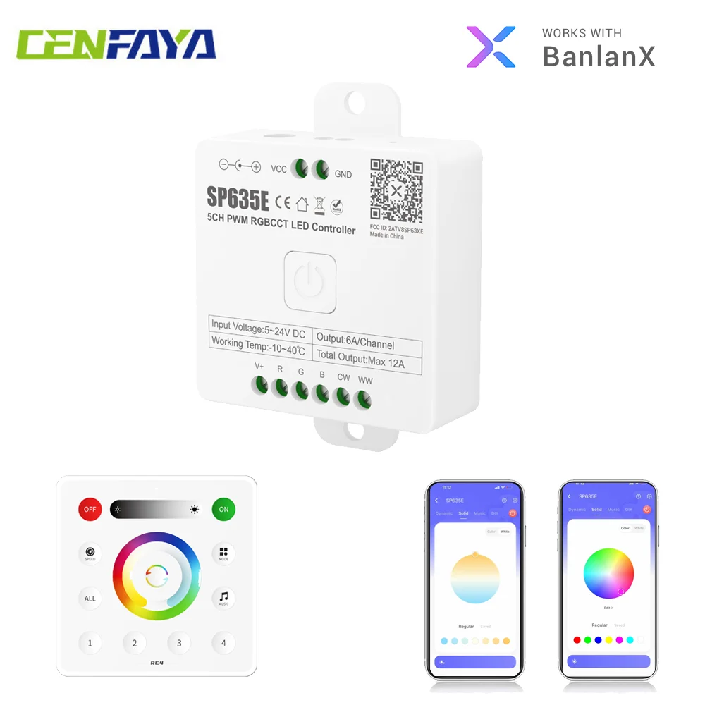 5CH DC5-24V Bluetooth LED Controller Music Mode 5m 10m COB RGBCCT LED Strip Light Dimmable 2.4G Remote Control APP Voice Control