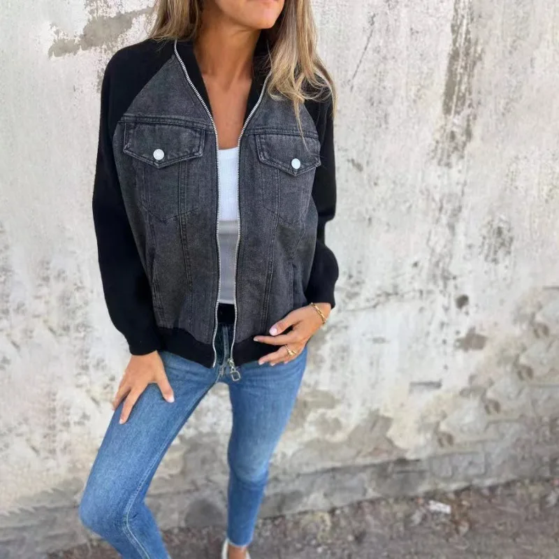 

Spring Autumn Women'S New Denim Patchwork Jacket Coat Casual Fashion Shoulder Rubbing Long Sleeve V Neck Denim Jacket Female