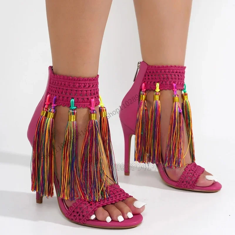 

Colorful Tassels Knitted Design Open Toe Sandals Back Zipper Women Shoes Thin High Heels Sexy Fashion 2023 Zapatos Para Mujere