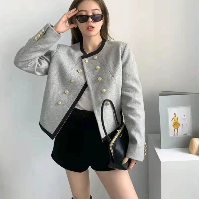 MEXZT Jackets Women Elegant Cropped Tweed Blazers Office Lady Korean Short Irregular Suit Coat Tops Vintage Casual Outerwear New