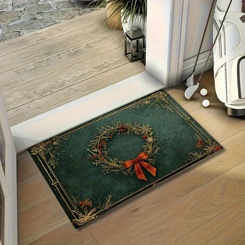 1pc Christmas Themed Green Berry Wreath Doormat, Non-slip Floor Mat for Living Room, Bedroom, Bathroom, Holiday Home Decoration