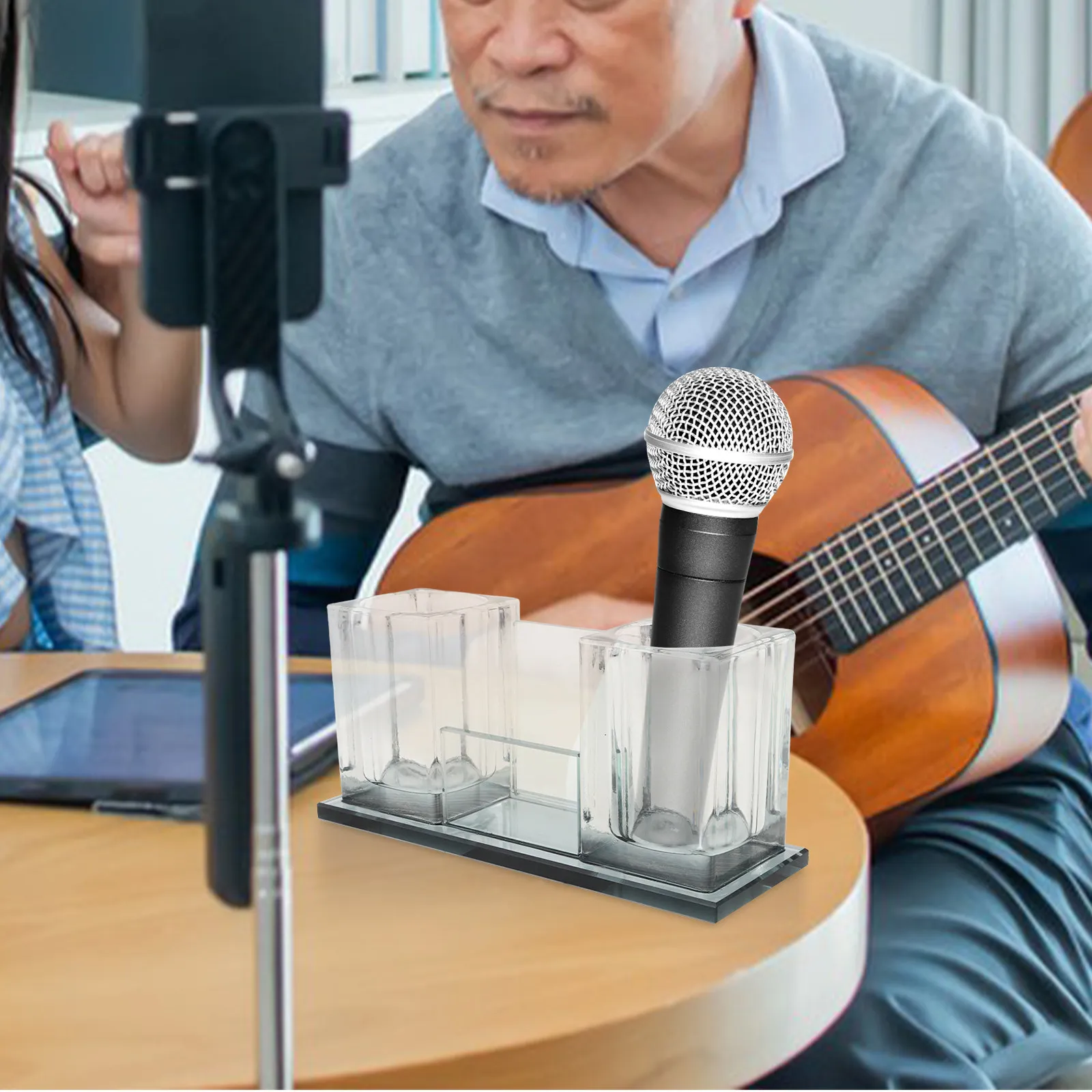 Acrylic Desktop Microphone Stand 2-Slot Stable Mic Holder for Tabletop Desk Mount Universal Fit Heavy Duty Studio Office Use