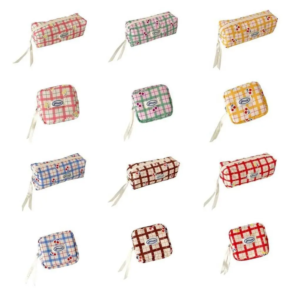 Large Capacity Y2K Cherry Pencil Case Cosmetics Storage Checkered Cartoon Cherry Stationery Storage Bag Zipper Handheld
