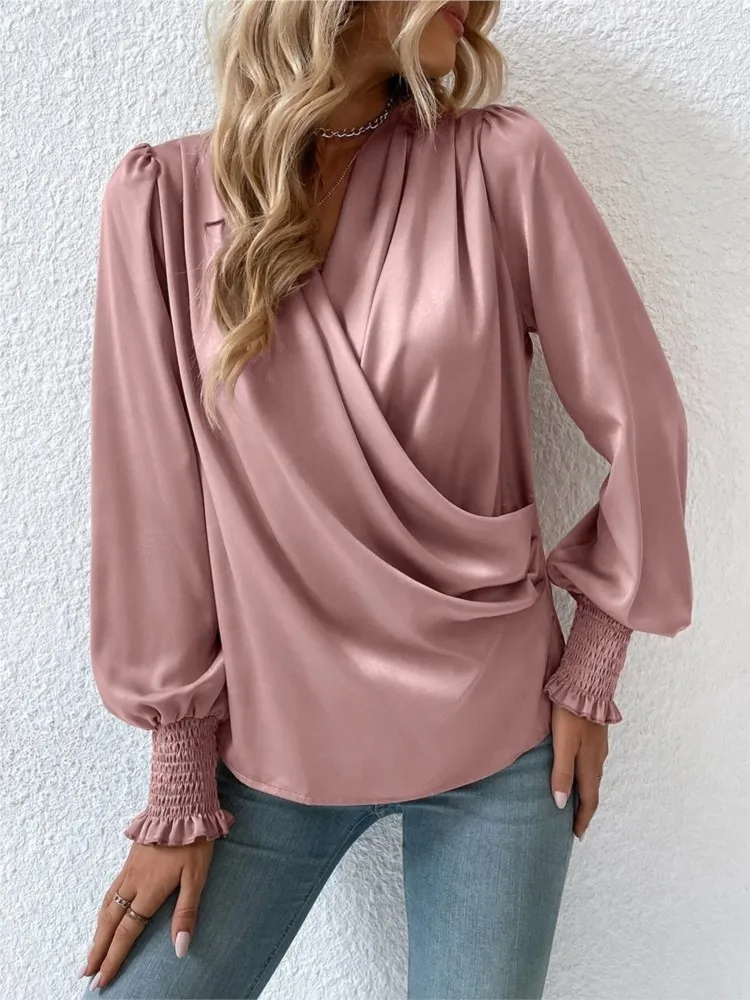 Spring Lantern Long Sleeve Blouse Female Elegant Solid Color Crossover V Neck Pullover Shirt Women New Casual Pleated Loose Tops