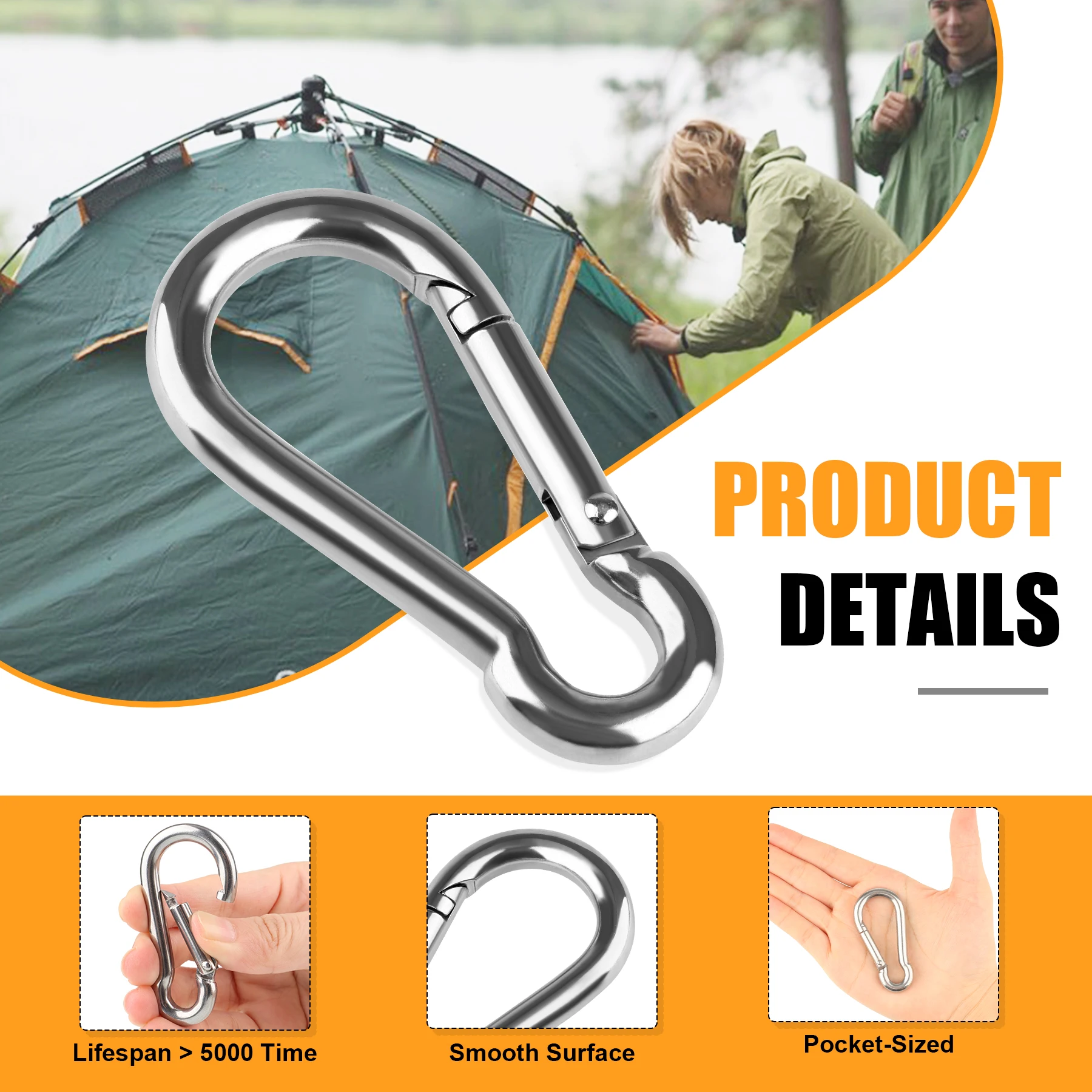 6 قطعة حلقة تسلق الربيع هوك الفولاذ المقاوم للصدأ مشبك خاطف الثقيلة وصلة سريعة هوك للتخييم المفاتيح الصيد التنزه السفر #3